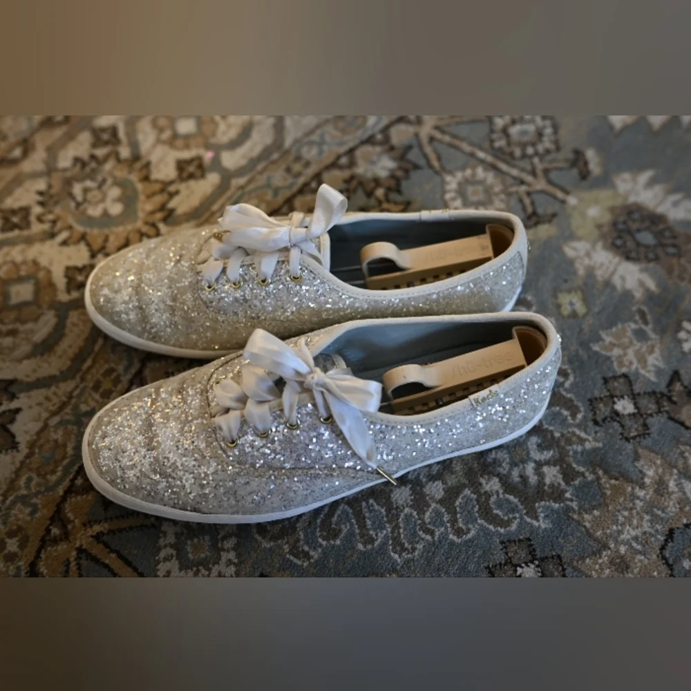 Keds X Kate Spade Silver Glitter White Sequin Sneakers White Laces Size 8 Bridal